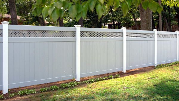Vinyl Privacy Fence with Lattice Top - Two Toned with Gray Panel and White Posts